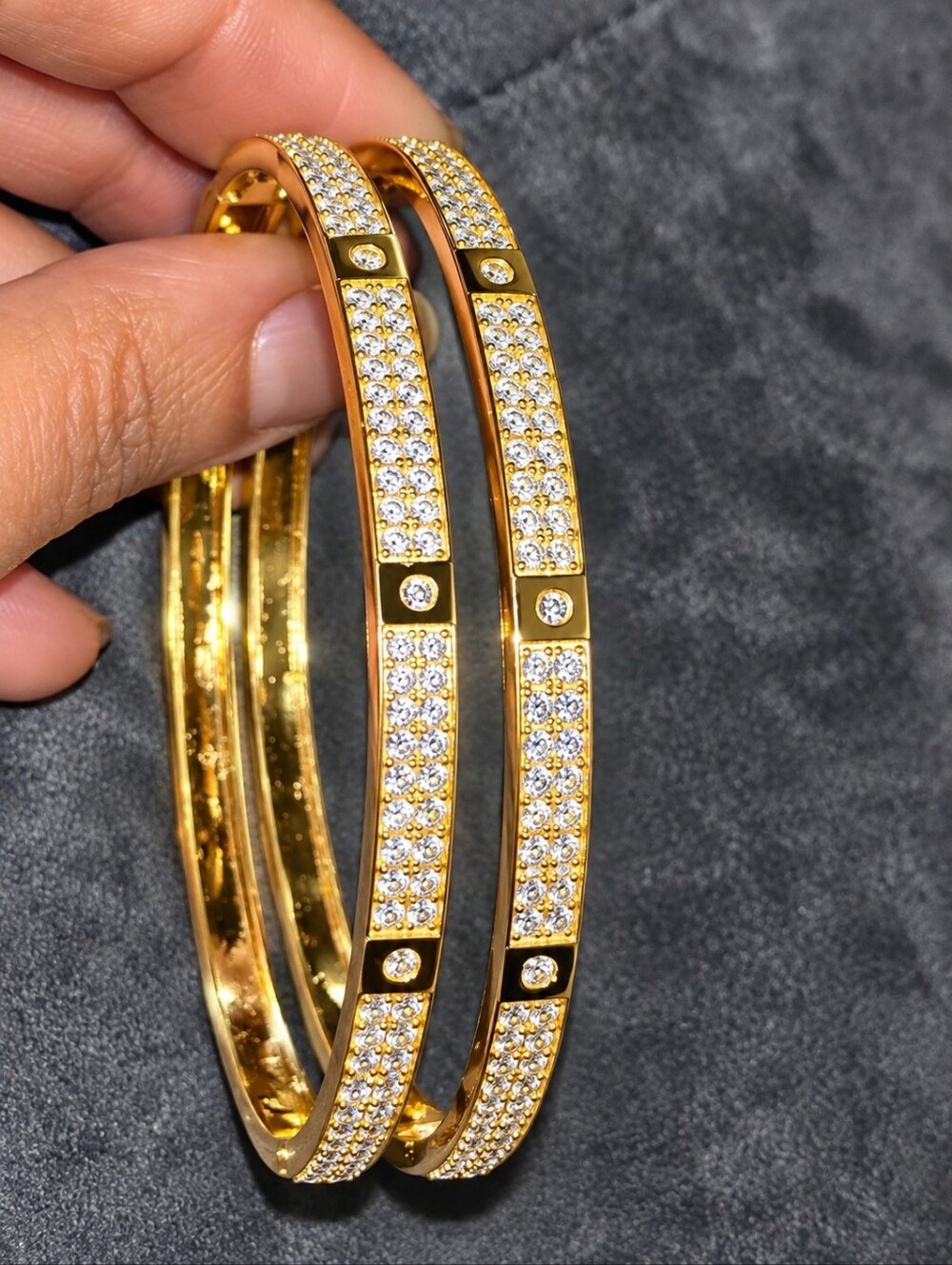 22kgp Dubai Gold Crystal Pave Double Bangle Bracelet - Women Jewelry